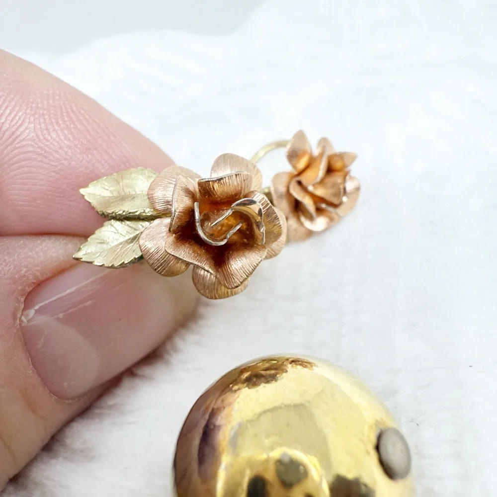 Vintage Screw-Back Earrings Lot Gold Ball Dangle & Rose Floral Earrings Retro